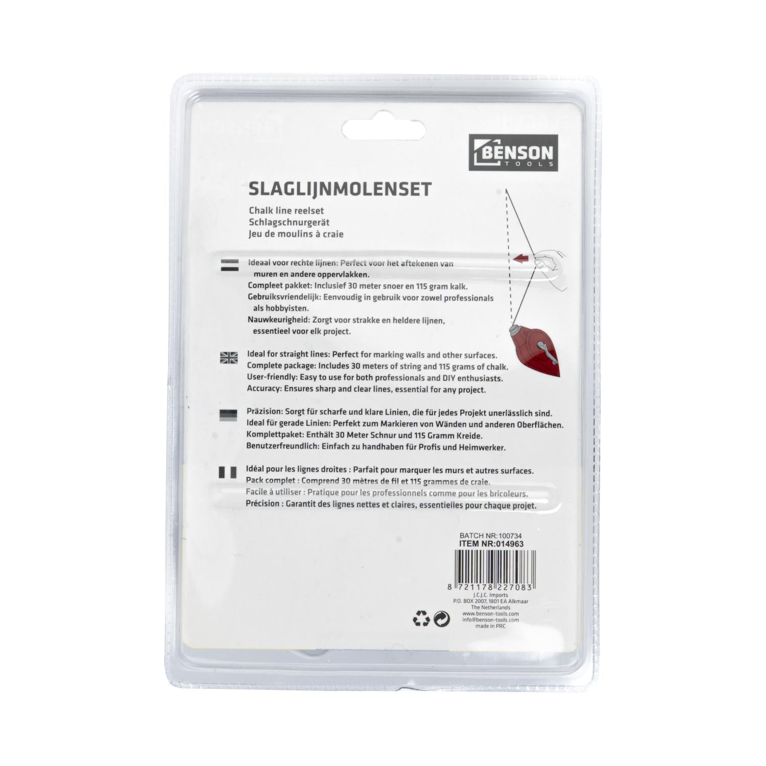 Rückseite der Blisterverpackung mit mehrsprachiger Produktbeschreibung, Symbolen und Barcode, rechts eine Abbildung zur Verwendung der Schlagschnur.