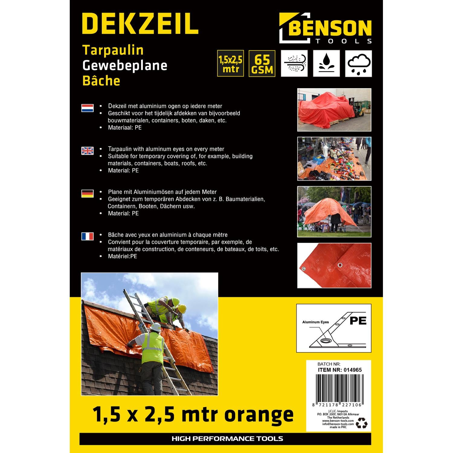 Produktverpackung mit mehrsprachiger Beschreibung einer orangefarbenen Gewebeplane, mehreren Anwendungsfotos und technischen Angaben.