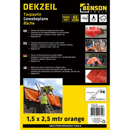 Produktverpackung mit mehrsprachiger Beschreibung einer orangefarbenen Gewebeplane, mehreren Anwendungsfotos und technischen Angaben.