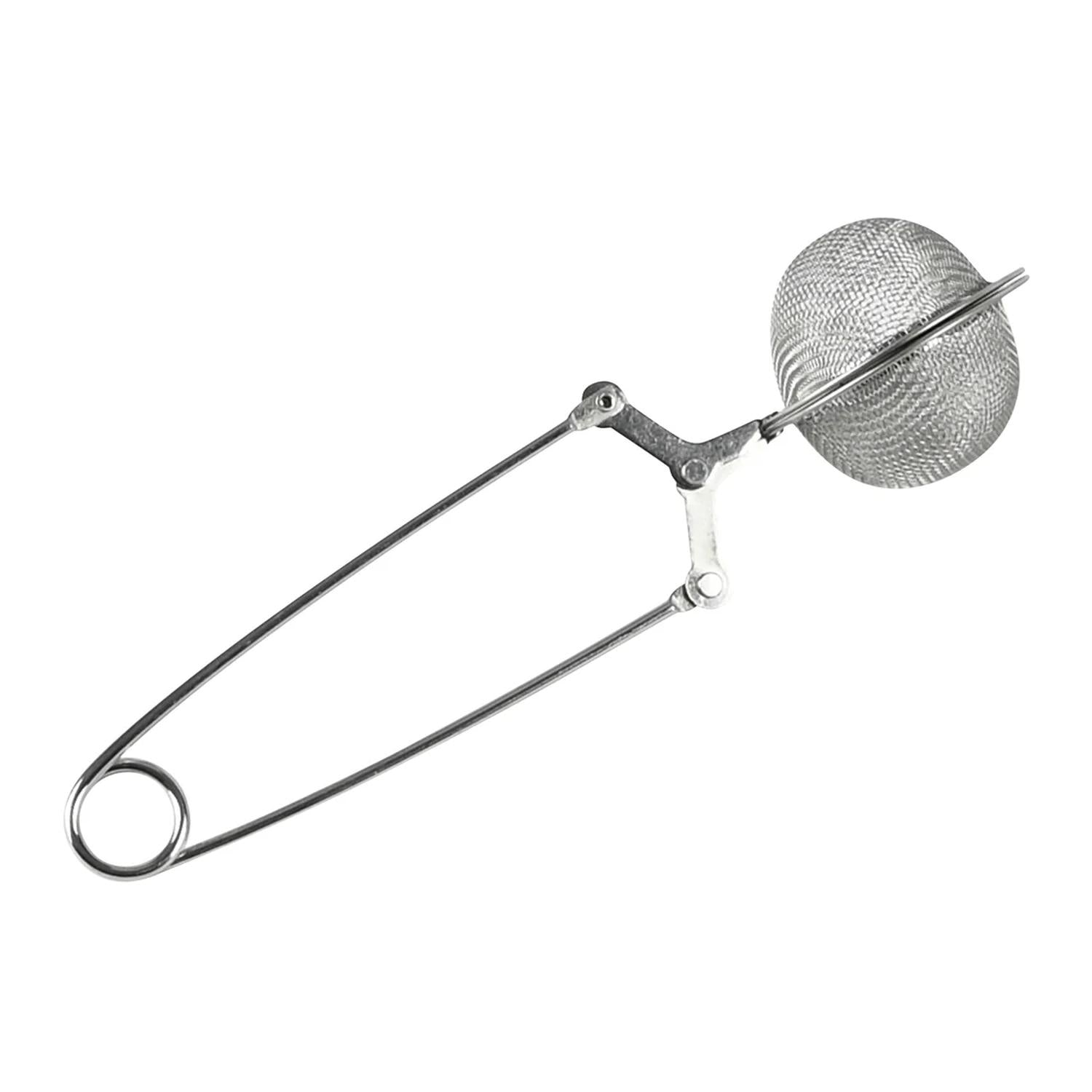 Metall-Teesieb mit kugelförmigem Sieb aus feinem Drahtgeflecht, Scherenmechanismus und ringförmigem Griffende, seitlich dargestellt vor weißem Hintergrund.