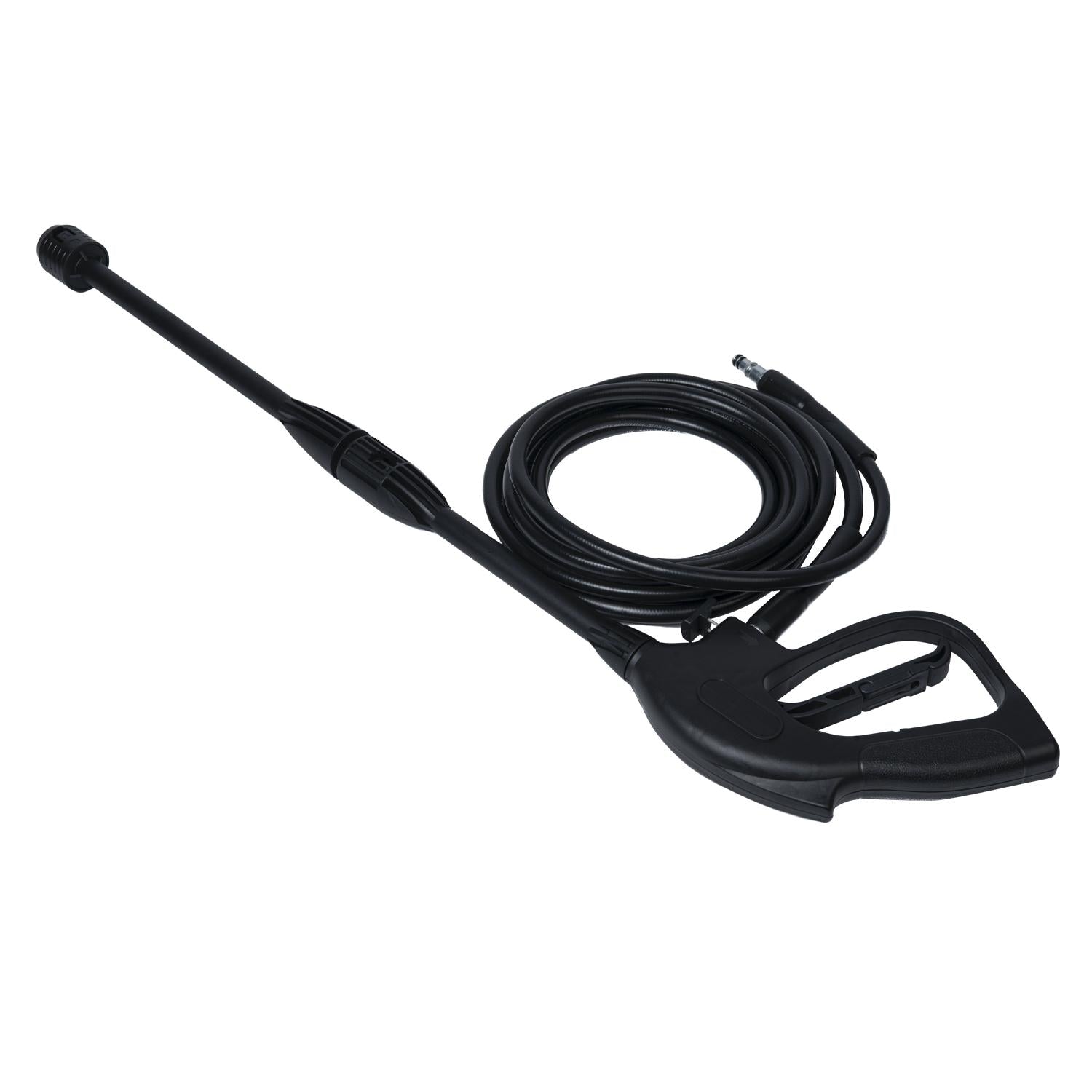 Eine schwarze Sprühlanze mit Griff und langem, aufgewickeltem Hochdruckschlauch liegt vollständig ausgebreitet auf hellem Hintergrund.