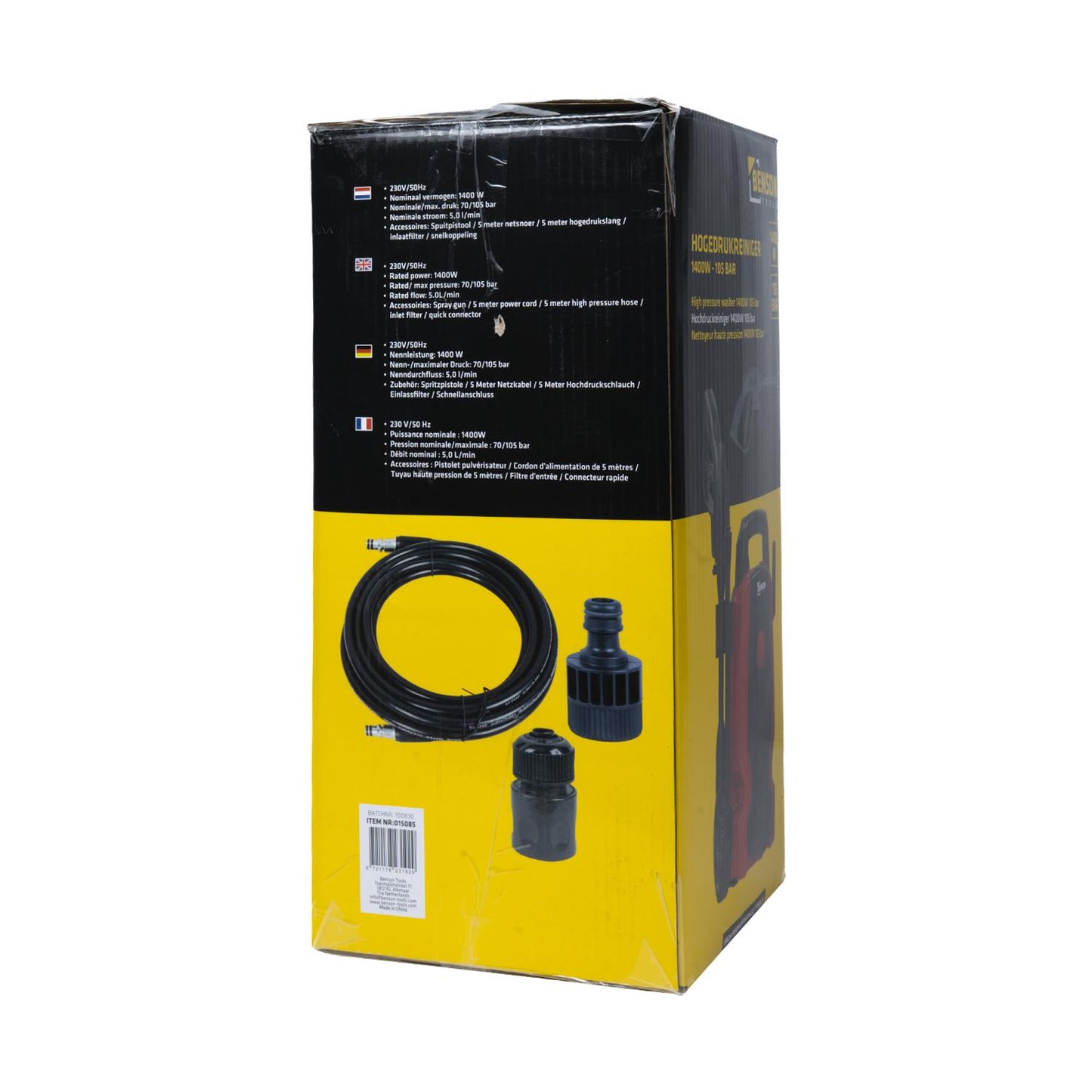 Rückseite einer schwarz-gelben Verpackung mit Listen technischer Daten sowie Abbildungen eines Hochdruckschlauchs und eines Anschlussadapters.