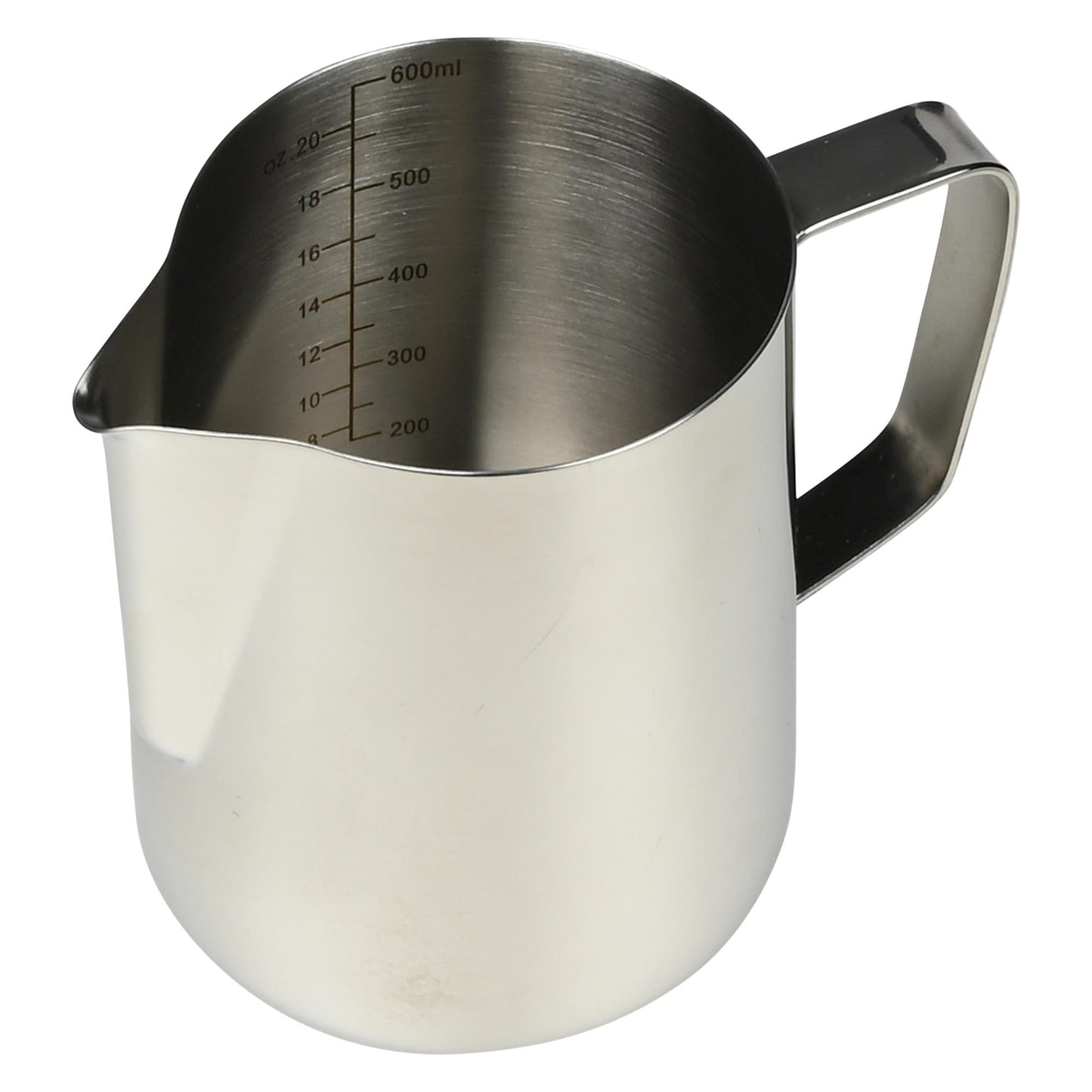 Edelstahl-Milchkännchen mit Ausgusstülle und Innenmarkierung bis 600 Milliliter, Ansicht leicht von oben.