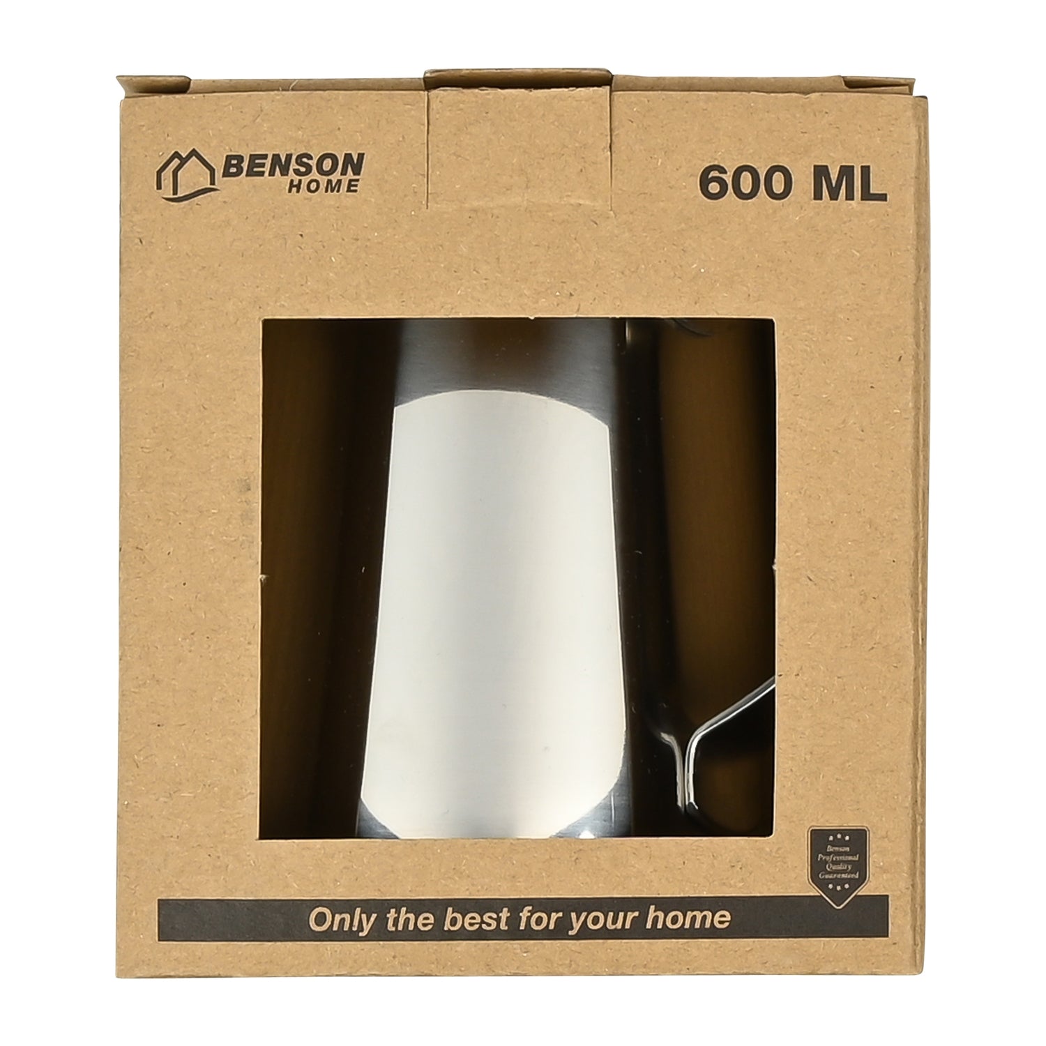 Edelstahl-Milchkännchen in brauner Verpackung mit Sichtfenster und Aufdruck „Benson Home – 600 ml“.