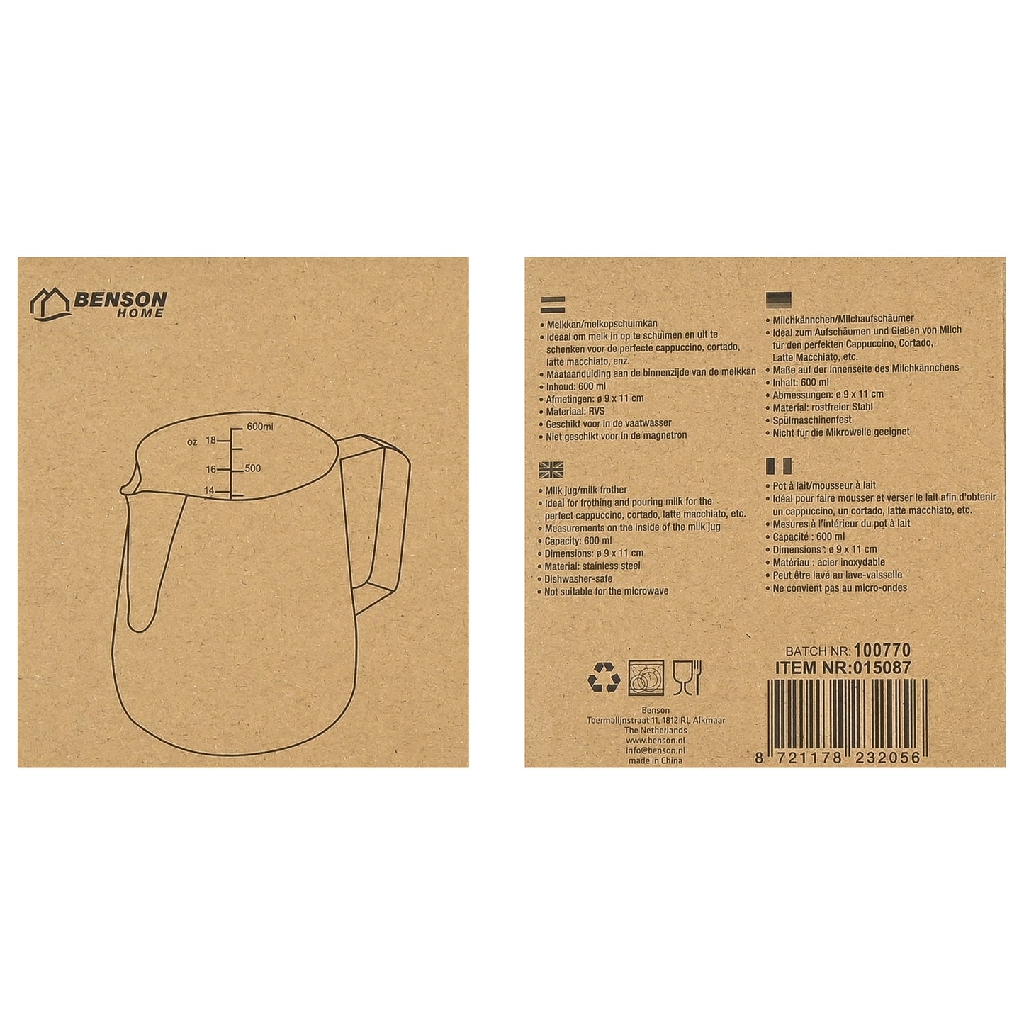 Rückseite der Verpackung mit gezeichneter Abbildung des Milchkännchens, Produktinformationen und mehrsprachiger Beschreibung auf braunem Karton.