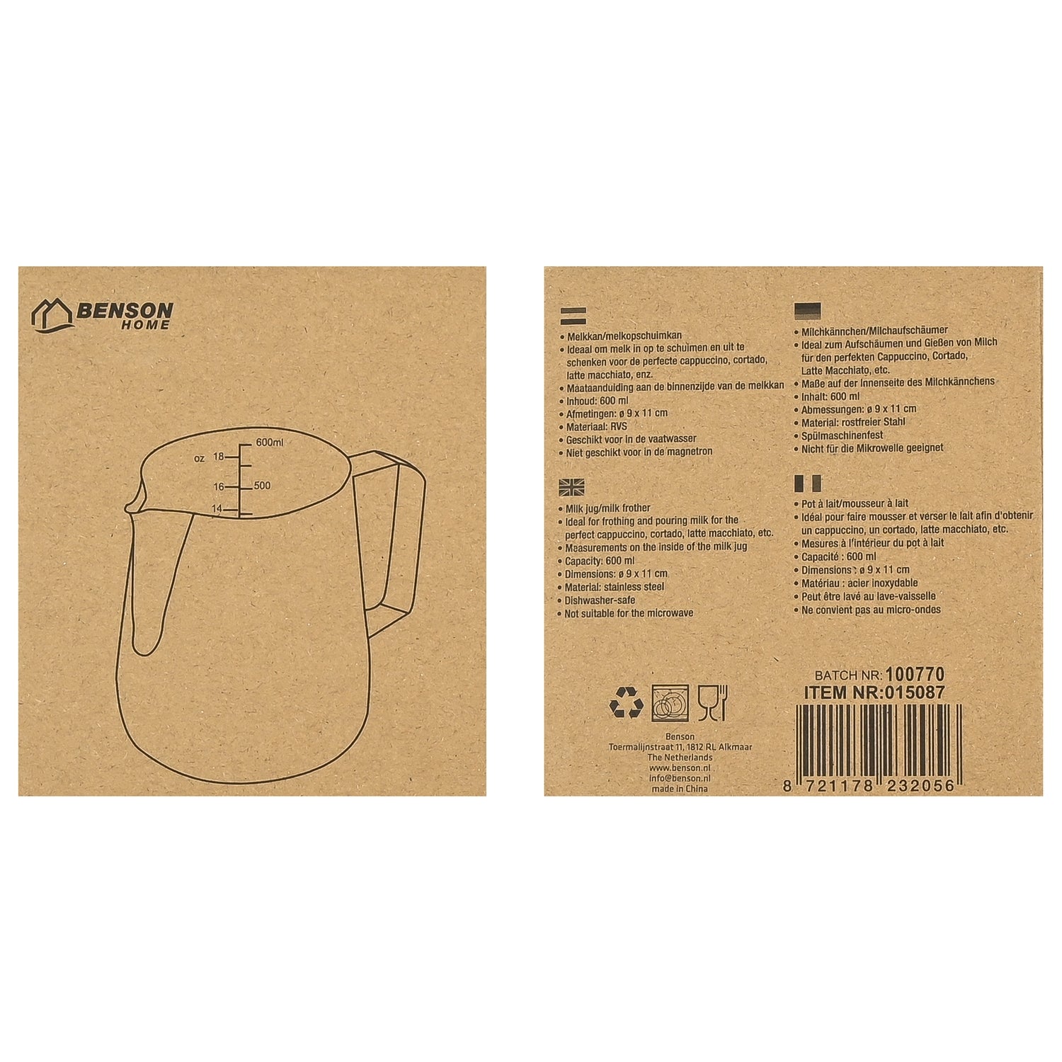 Rückseite der Verpackung mit gezeichneter Abbildung des Milchkännchens, Produktinformationen und mehrsprachiger Beschreibung auf braunem Karton.