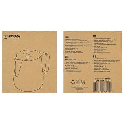 Rückseite der Verpackung mit gezeichneter Abbildung des Milchkännchens, Produktinformationen und mehrsprachiger Beschreibung auf braunem Karton.