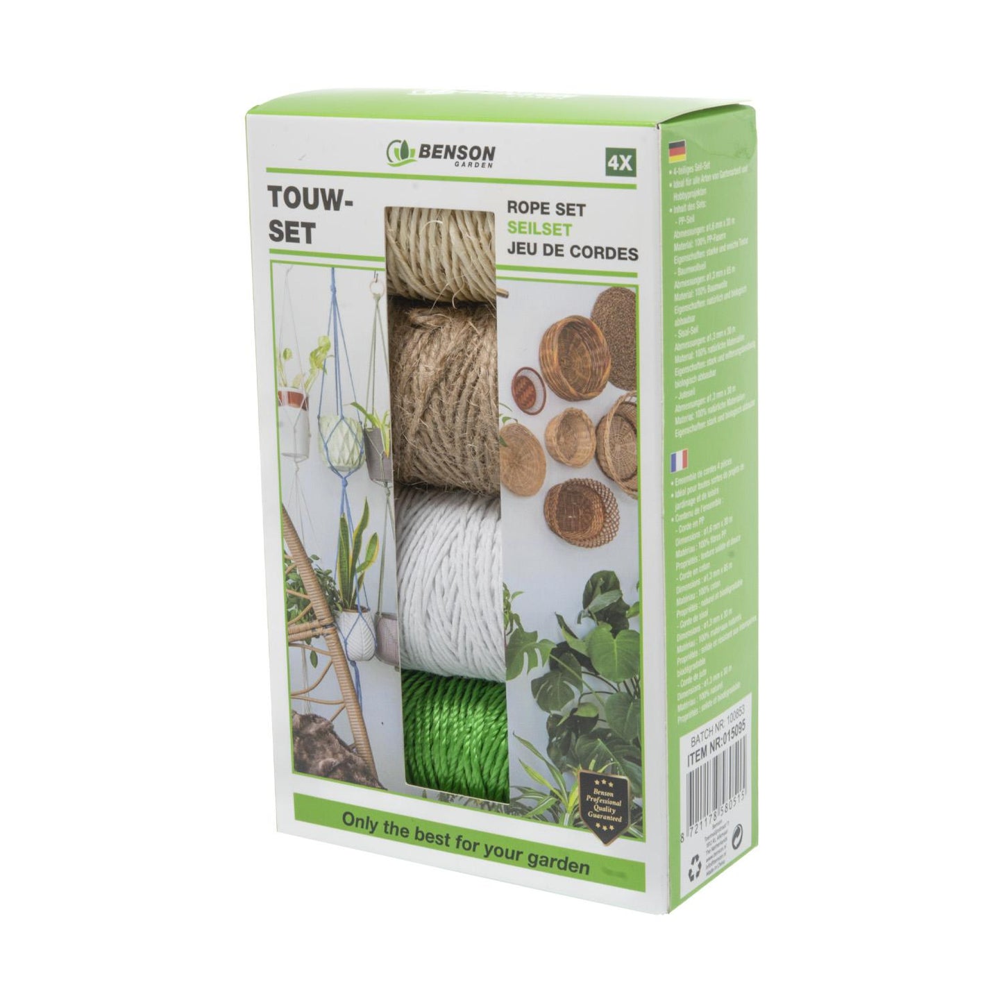Rechteckige Kartonverpackung eines Seilsets mit grün-weißem Design, Sichtfenster mit vier Schnurrollen in Naturfarben, Produktabbildungen von Pflanzenaufhängungen und Textangaben auf der Vorderseite.