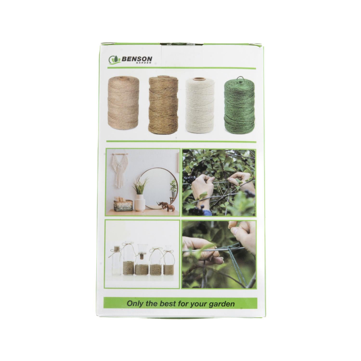 Rückseite einer grün-weißen Kartonverpackung mit Abbildungen von vier Schnurrollen, Anwendungsbeispielen im Haushalt und Garten sowie Textangaben, unten ein grüner Textstreifen.