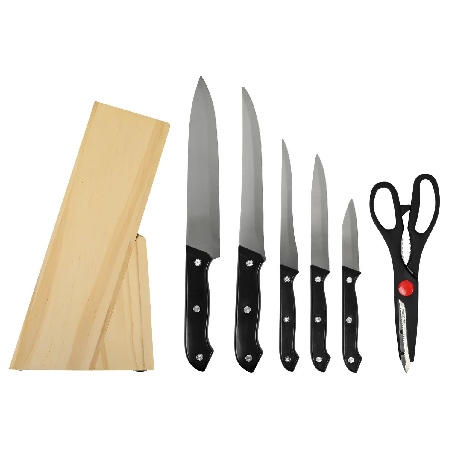 Küchenmesserset mit fünf Messern, einer Schere und einem hellen Holzblock, alle Messer mit schwarzen Griffen und silbernen Klingen.