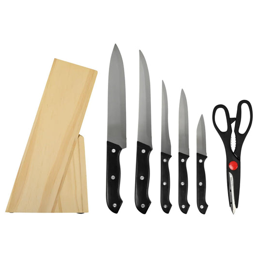 Küchenmesserset mit fünf Messern, einer Schere und einem hellen Holzblock, alle Messer mit schwarzen Griffen und silbernen Klingen.