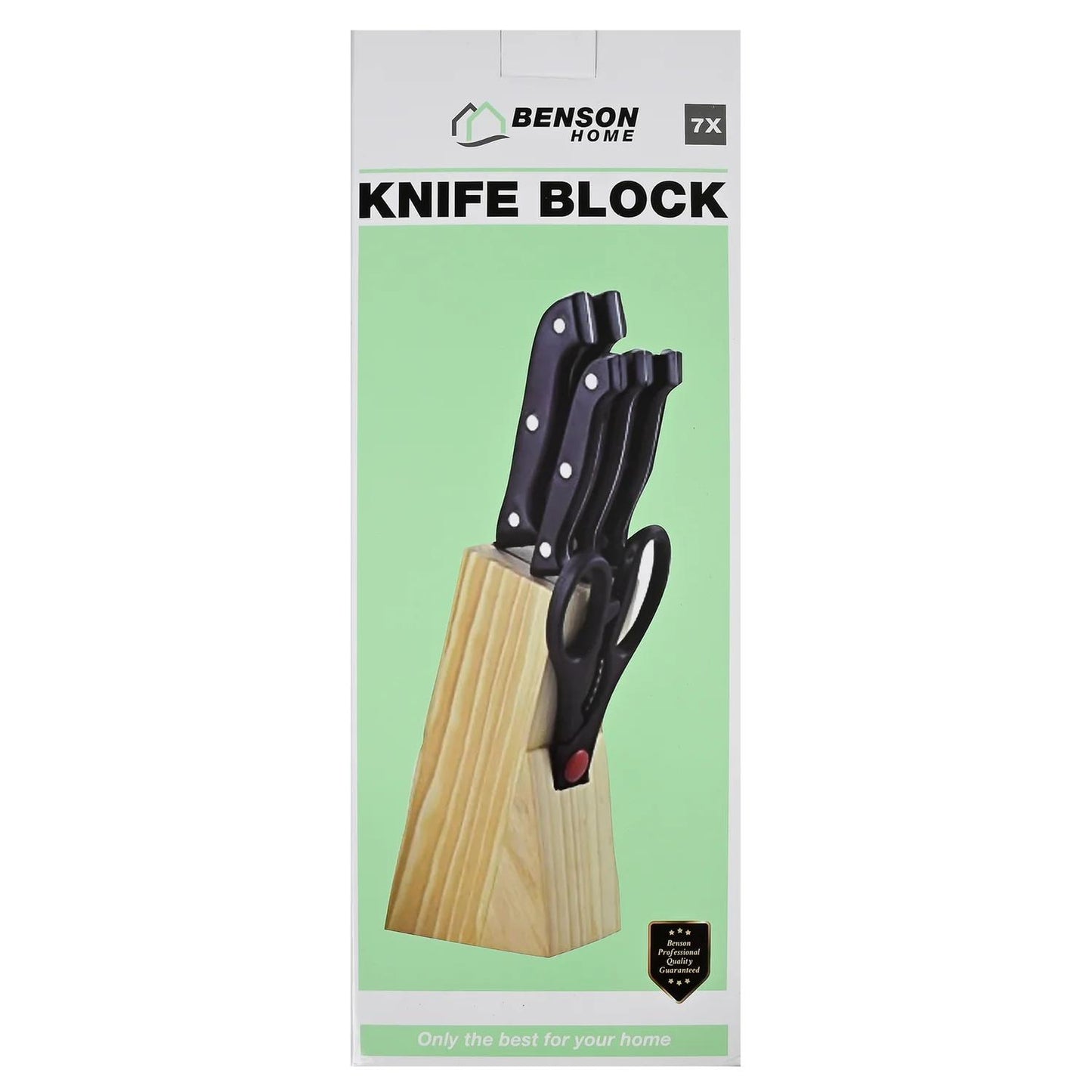 Produktverpackung mit der Aufschrift „Benson Home Knife Block“ und Abbildung des Messerblocks mit Messern und Schere auf grünem Hintergrund.