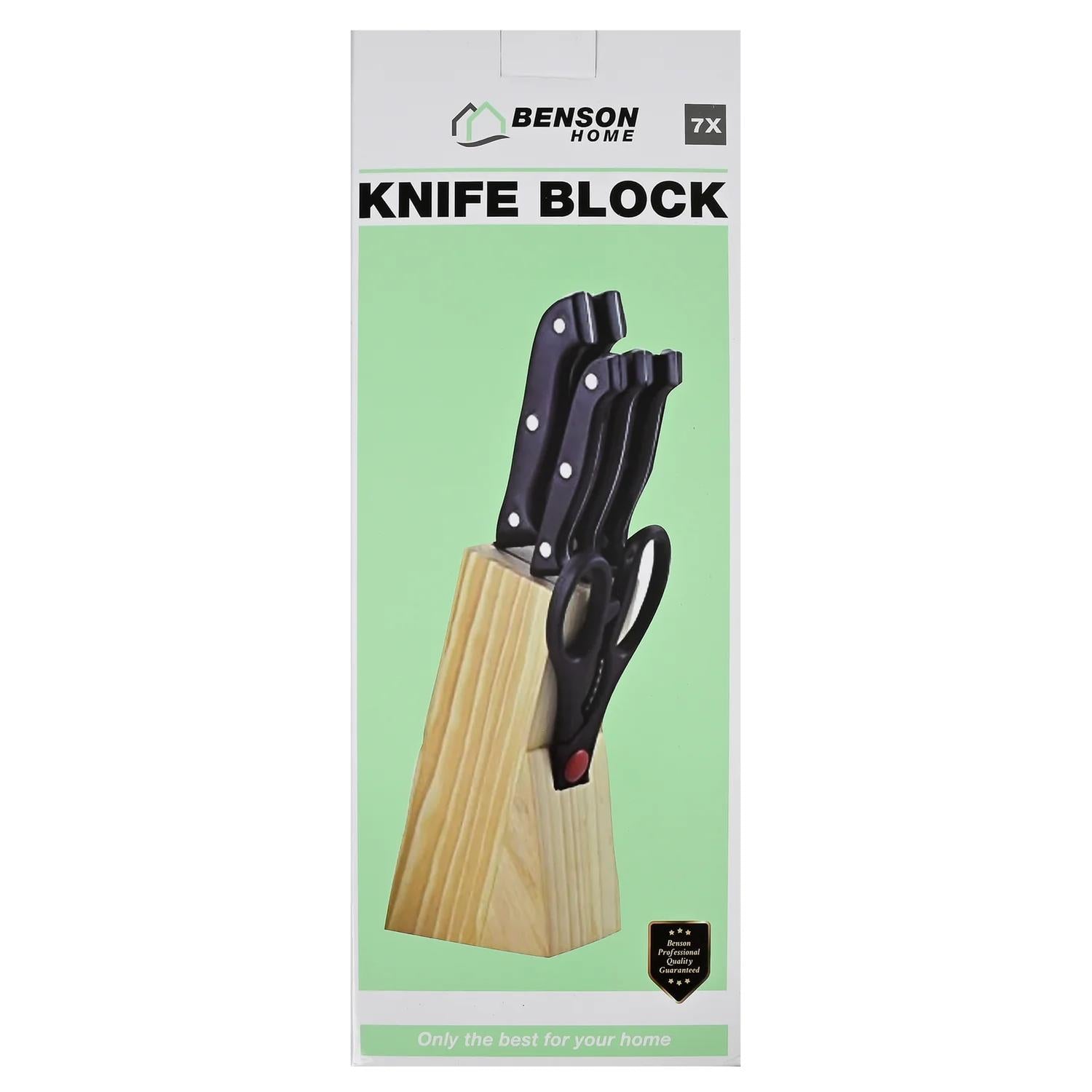 Produktverpackung mit der Aufschrift „Benson Home Knife Block“ und Abbildung des Messerblocks mit Messern und Schere auf grünem Hintergrund.
