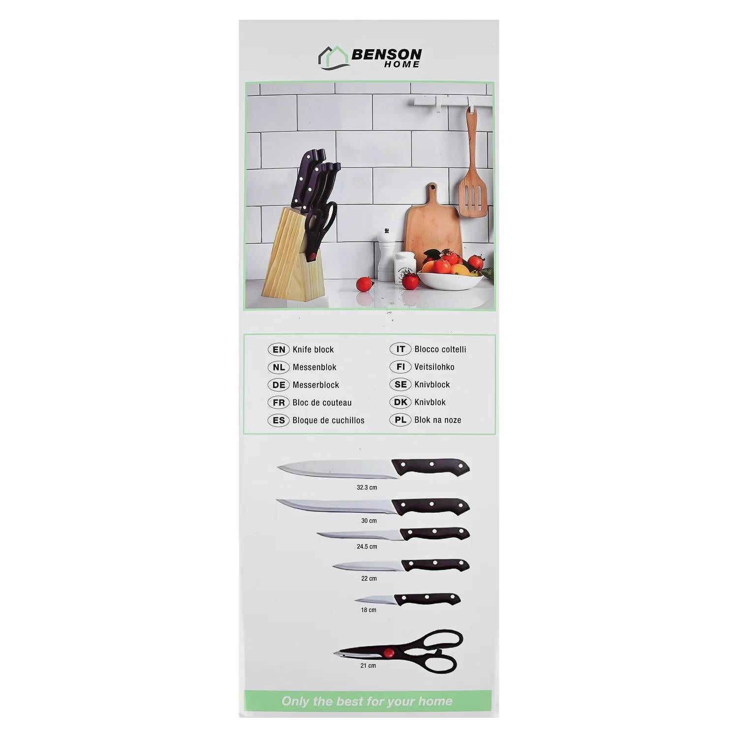 Rückseite der Produktverpackung mit Abbildung des Messerblocks in einer Küche und grafischer Darstellung der Messergrößen in mehreren Sprachen.
