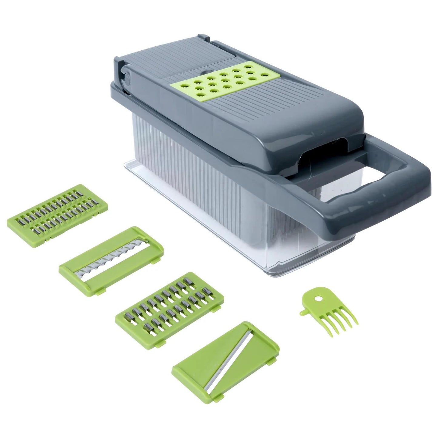 Zusammengebauter Gemüseschneider mit geschlossenem Deckel, transparentem Auffangbehälter und vier abgenommenen grünen Schneideeinsätzen daneben.
