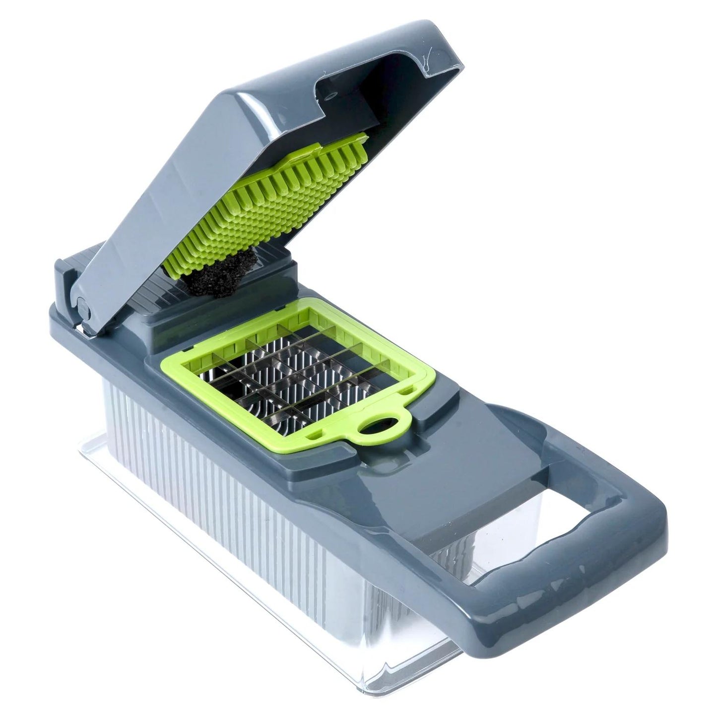 Gemüseschneider mit geöffnetem Deckel und eingesetztem Schneideeinsatz in Grün, darunter ein transparenter Auffangbehälter.