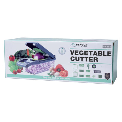 Verpackung des Gemüseschneiders mit Produktabbildung, Aufschrift „Vegetable Cutter 14 in 1“ und Symbolen der enthaltenen Zubehörteile.