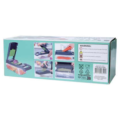 Rückseite der Verpackung mit Anwendungshinweisen und Bildern zur Nutzung des Gemüseschneiders sowie Sicherheitshinweisen in englischer Sprache.