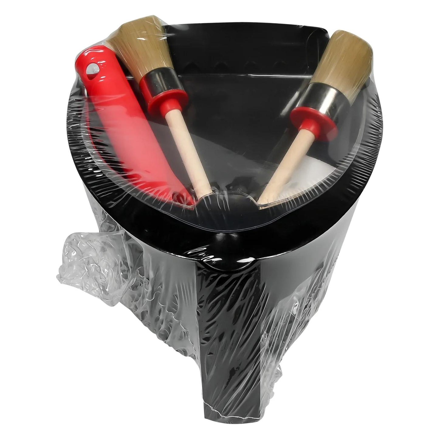 Farbschale mit Griff, befüllt mit Pinseln, Farbroller und Walzen, vollständig in transparenter Folie eingeschweißt.