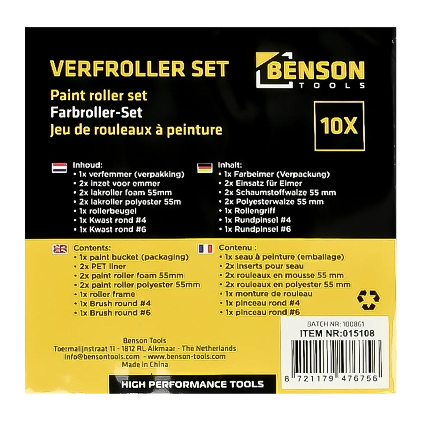 Verpackungsetikett des Farbroller-Sets mit mehrsprachiger Inhaltsübersicht und Herstellerangaben auf gelb-schwarzem Hintergrund.