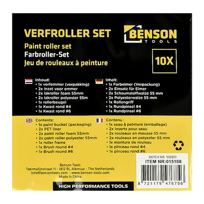 Verpackungsetikett des Farbroller-Sets mit mehrsprachiger Inhaltsübersicht und Herstellerangaben auf gelb-schwarzem Hintergrund.