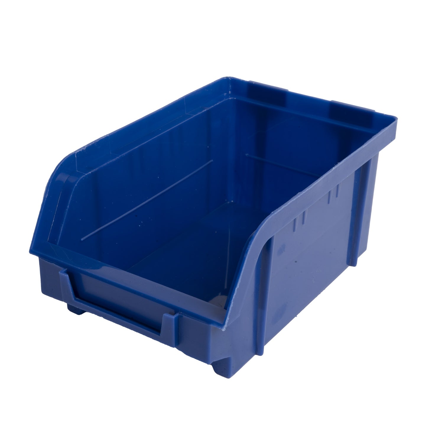 Einzelne blaue Aufbewahrungsbox mit offenem Vorderteil und Griffmulde, rechteckige Form.