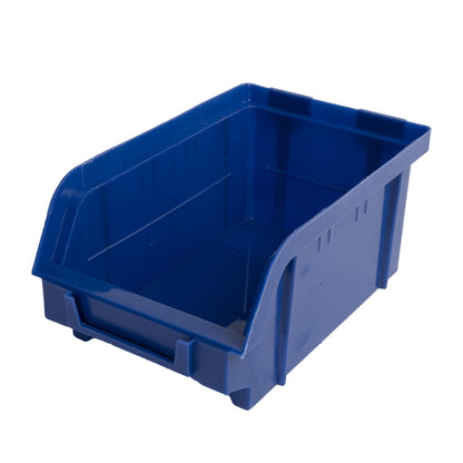 Einzelne blaue Aufbewahrungsbox mit offenem Vorderteil und Griffmulde, rechteckige Form.