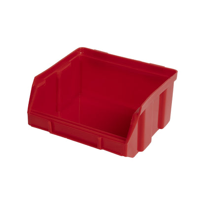 Einzelne rote Aufbewahrungsbox mit offenem Vorderteil und Griffmulde, kleinere quadratische Form.