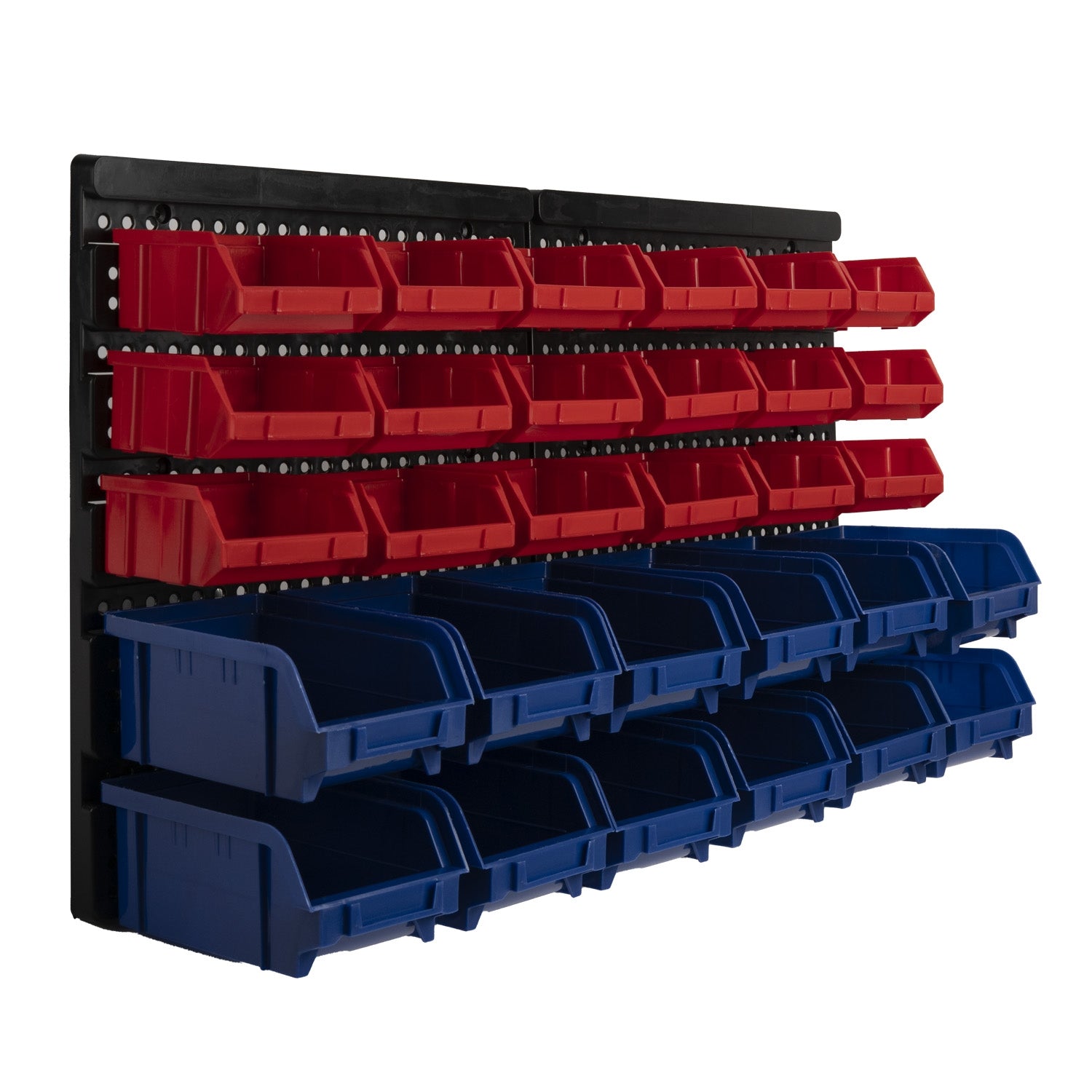 Wandhalterung mit mehreren kleinen roten und größeren blauen Aufbewahrungsboxen in fünf Reihen, montiert auf schwarzen Lochplatten.