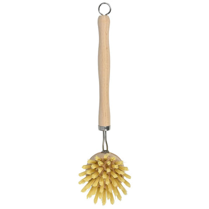 Spülbürste mit langem, hellem Holzgriff, gelben Borsten und Metallaufhängering am Griffende, senkrecht vor weißem Hintergrund dargestellt.
