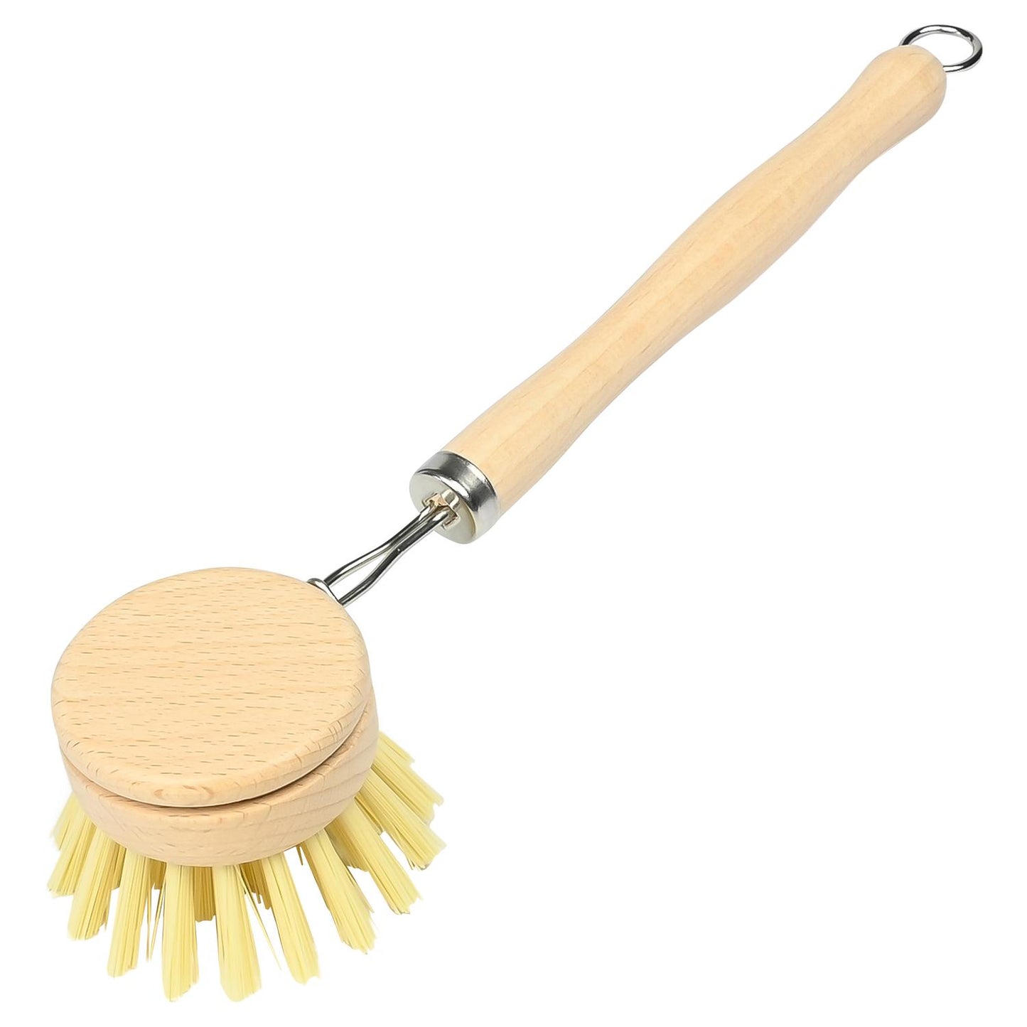 Spülbürste mit hellem Holzgriff und rundem Holzkopf mit gelben Borsten, von unten gezeigt, schräg auf weißem Hintergrund liegend.