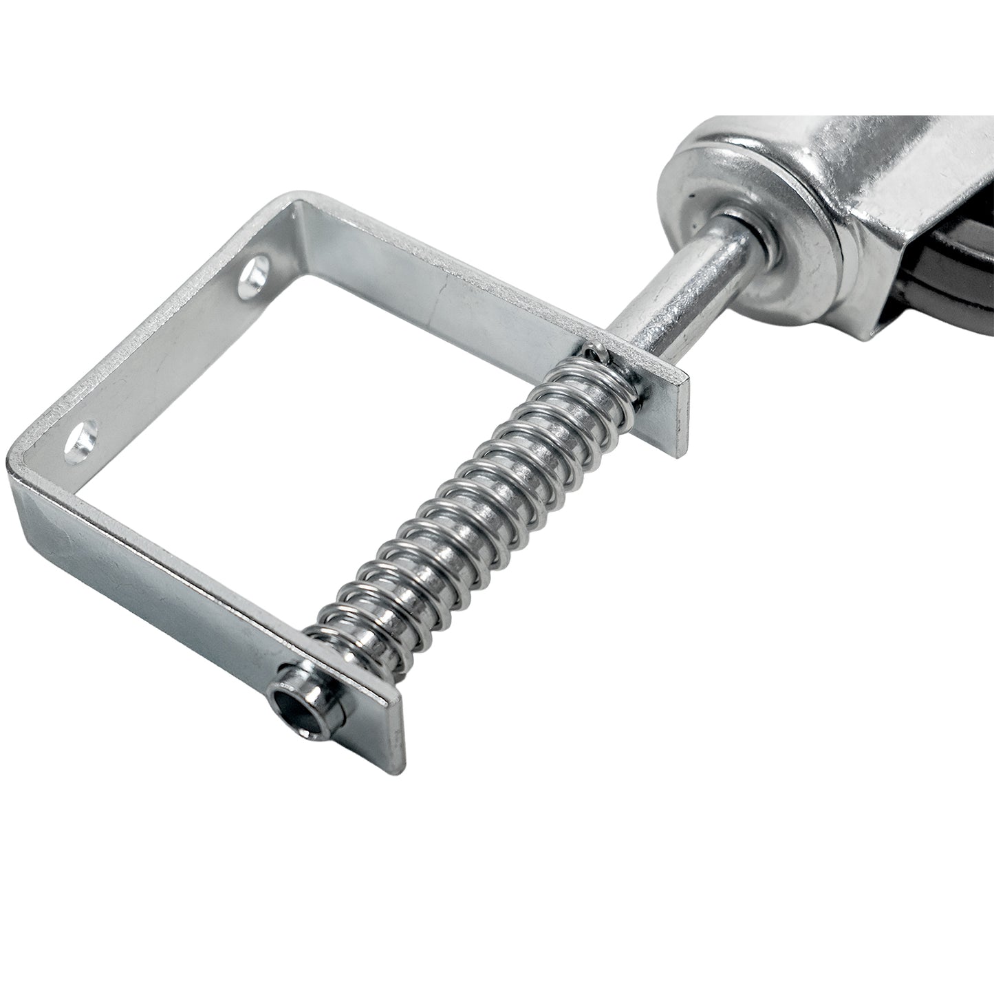 Nahaufnahme der Metallfeder und des rechteckigen Befestigungsrahmens einer gefederten Lenkrolle.