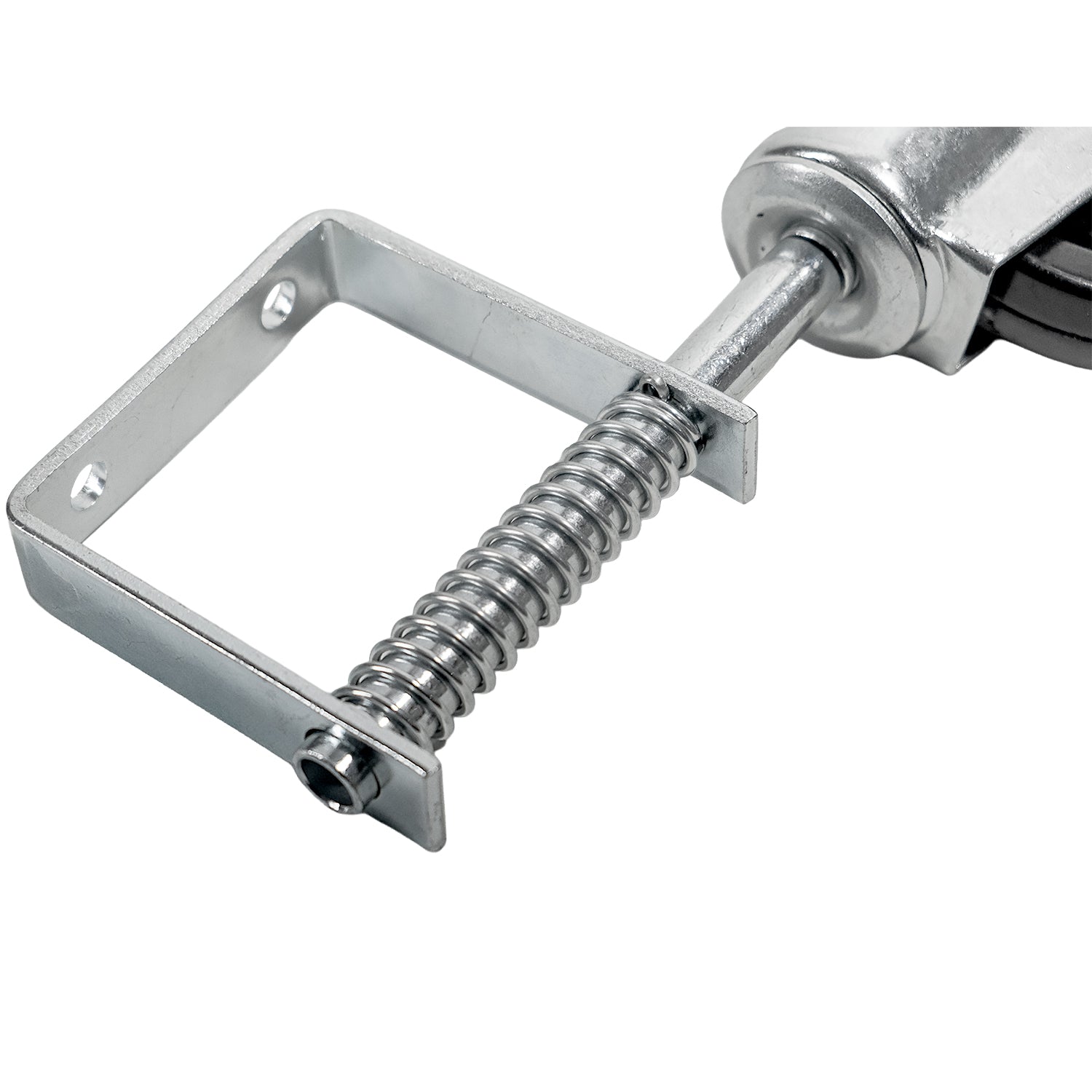 Nahaufnahme der Metallfeder und des rechteckigen Befestigungsrahmens einer gefederten Lenkrolle.