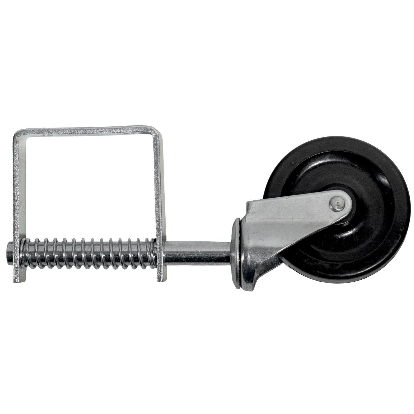 Seitenansicht einer gefederten Lenkrolle mit Metallrahmen, Spiralfeder und schwarzem Rad.