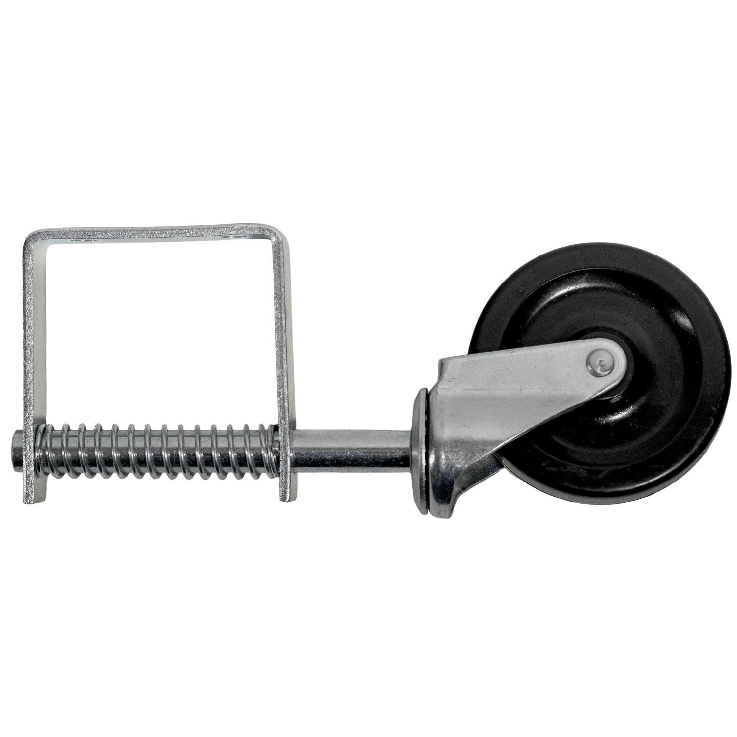 Seitenansicht einer gefederten Lenkrolle mit Metallrahmen, Spiralfeder und schwarzem Rad.