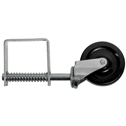 Seitenansicht einer gefederten Lenkrolle mit Metallrahmen, Spiralfeder und schwarzem Rad.