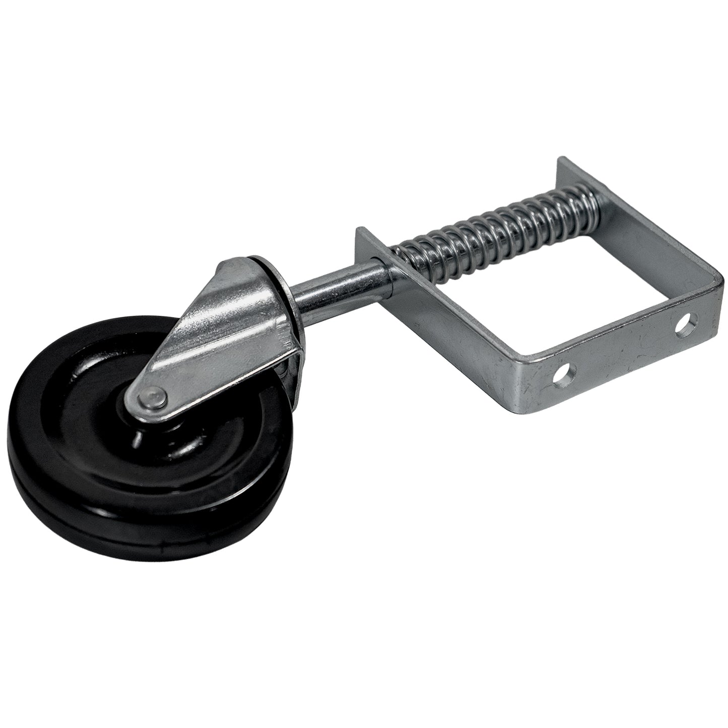 Schräg liegende gefederte Lenkrolle aus Metall mit schwarzem Rad und rechteckigem Befestigungsrahmen mit zwei Schraublöchern.