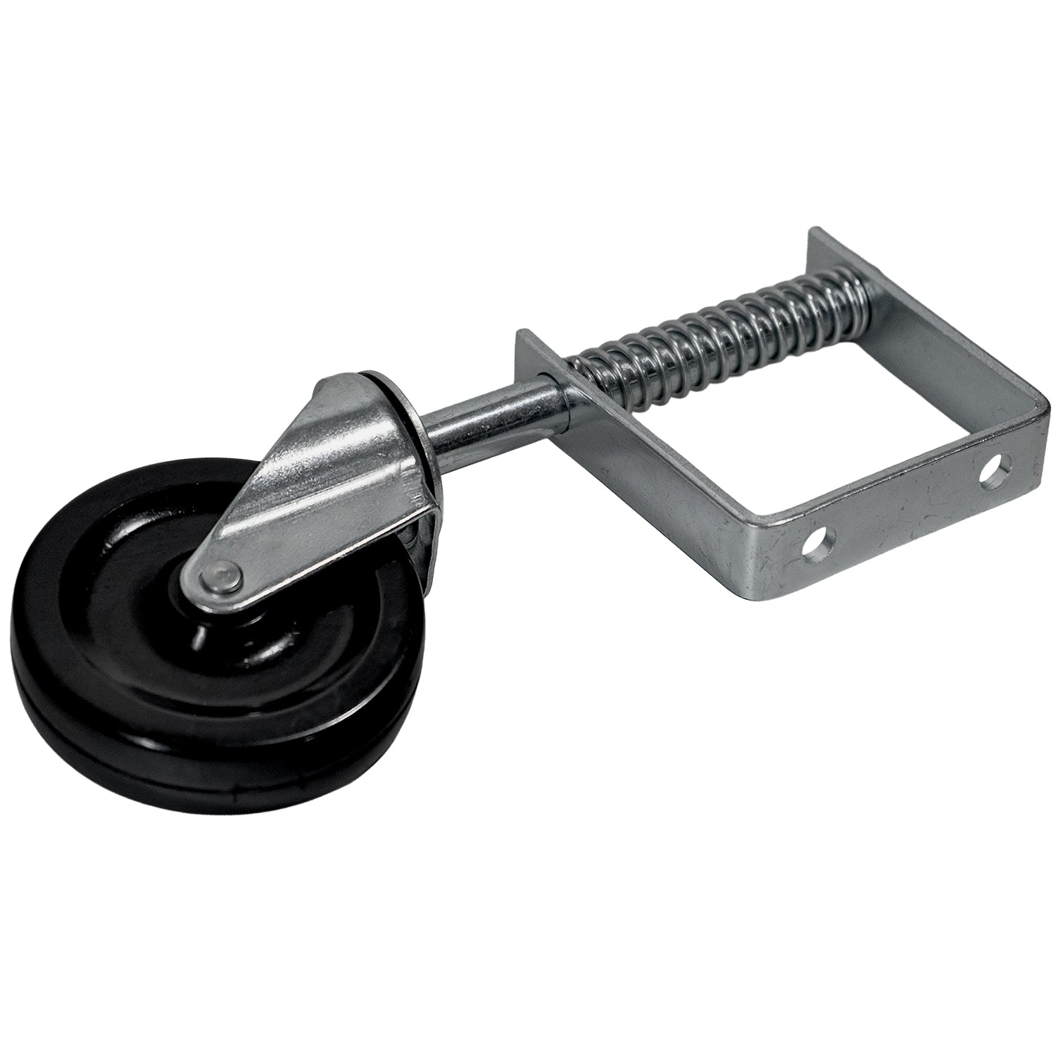 Schräg liegende gefederte Lenkrolle aus Metall mit schwarzem Rad und rechteckigem Befestigungsrahmen mit zwei Schraublöchern.