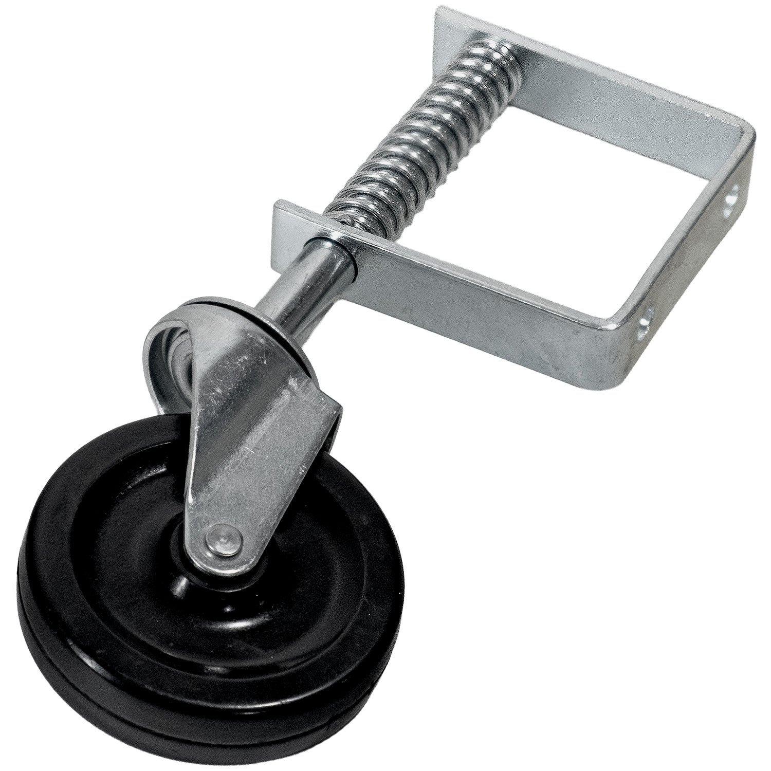 Diagonal aufgenommene gefederte Lenkrolle aus Metall mit schwarzem Kunststoffrad und sichtbarer Spiralfeder.