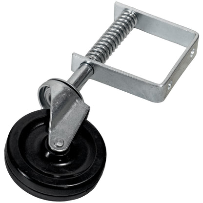 Diagonal aufgenommene gefederte Lenkrolle aus Metall mit schwarzem Kunststoffrad und sichtbarer Spiralfeder.