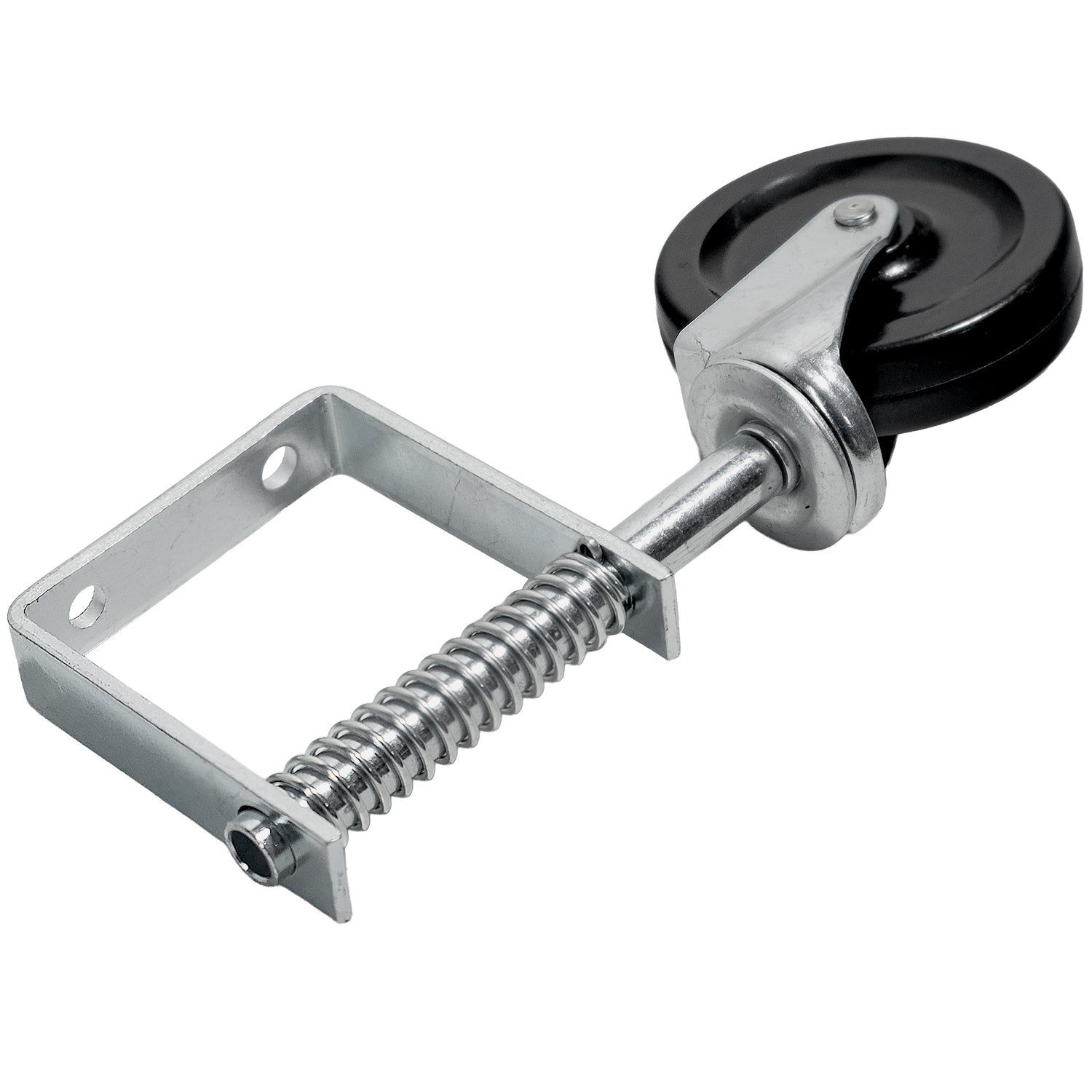 Schräg seitliche Nahaufnahme einer Metallrolle mit Spiralfeder und rechteckigem Befestigungsrahmen.