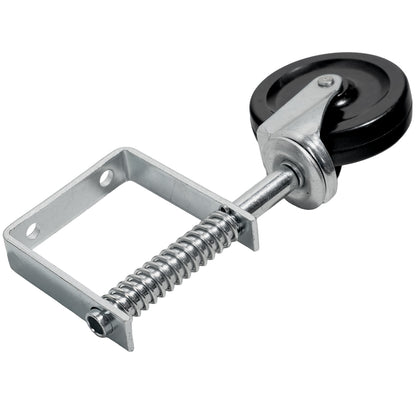 Schräg seitliche Nahaufnahme einer Metallrolle mit Spiralfeder und rechteckigem Befestigungsrahmen.