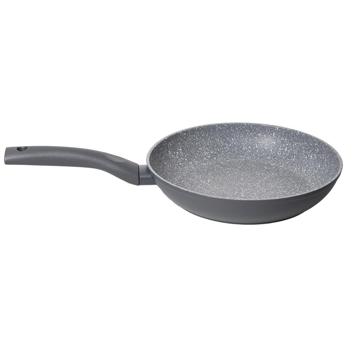 Einzelne Bratpfanne in schräger Seitenansicht mit grauer, gesprenkelter Innenfläche, dunklem Außenrand und ergonomisch geformtem grauem Griff, freigestellt vor weißem Hintergrund.