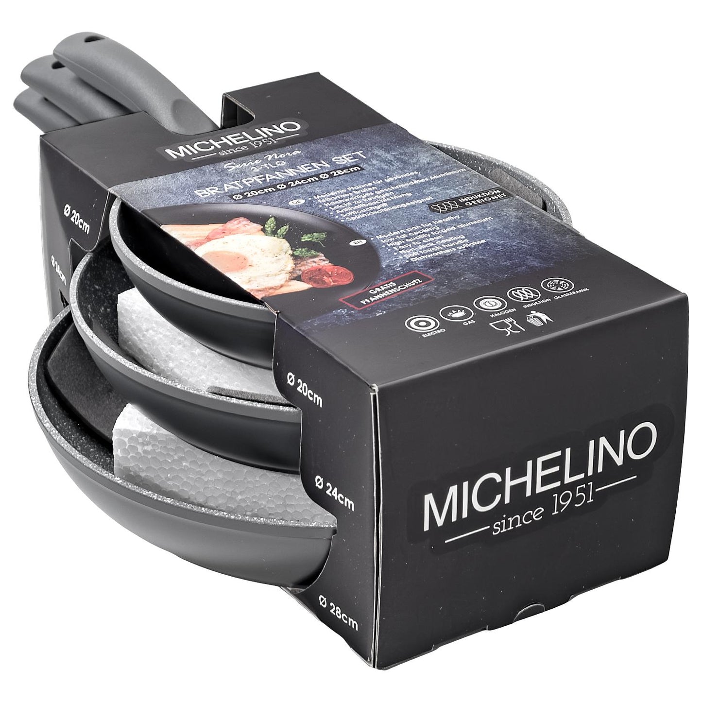 Verpacktes Bratpfannen-Set von Michelino bestehend aus drei ineinander gestapelten grauen Pfannen mit gesprenkelter Antihaftbeschichtung, teilweise sichtbar in einer schwarzen Produktverpackung mit Aufdruck „MICHELINO since 1951“ und Größenangaben 20 cm, 