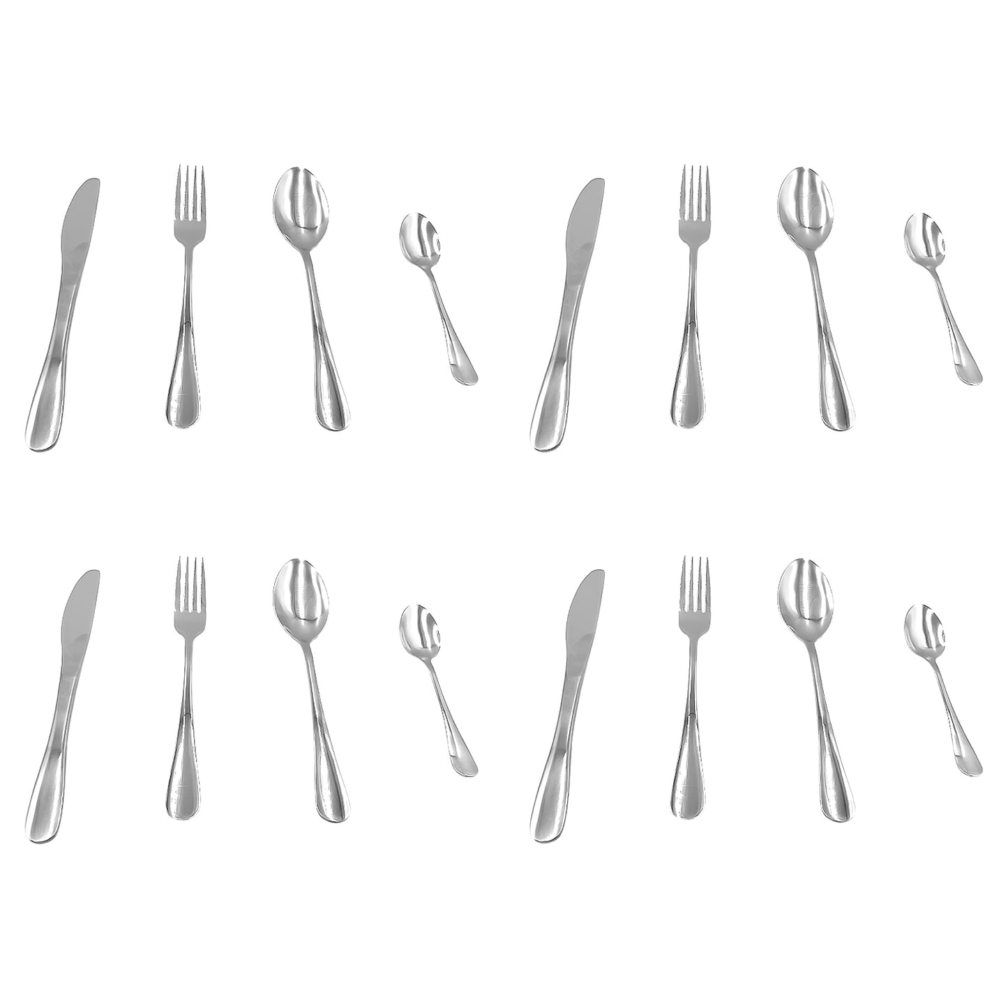 16 teiliges Besteckset mit Messern, Gabeln, Esslöffeln und Teelöffeln, jeweils in vier identischen Gruppen angeordnet.