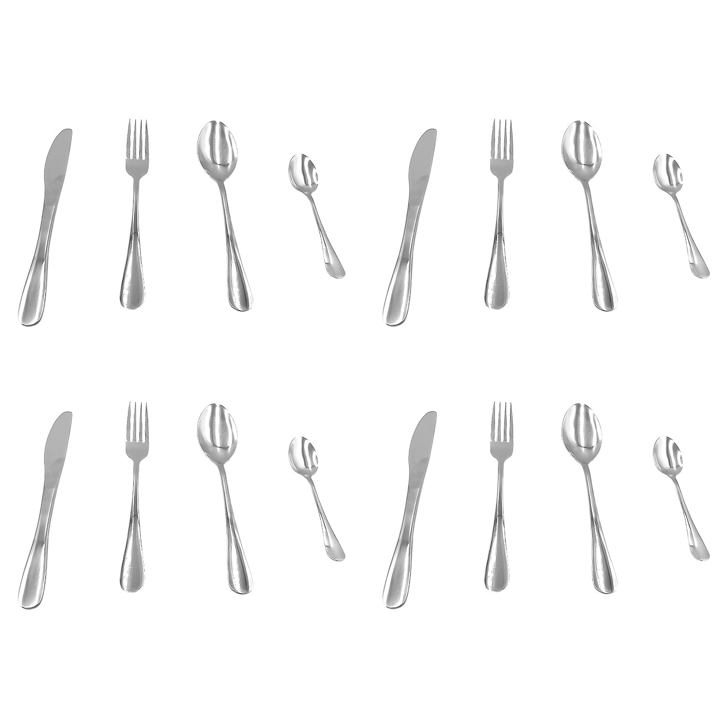 16 teiliges Besteckset mit Messern, Gabeln, Esslöffeln und Teelöffeln, jeweils in vier identischen Gruppen angeordnet.