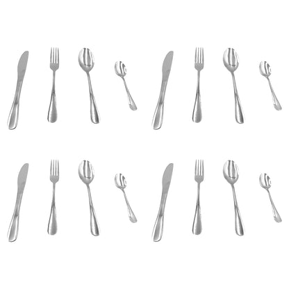 16 teiliges Besteckset mit Messern, Gabeln, Esslöffeln und Teelöffeln, jeweils in vier identischen Gruppen angeordnet.