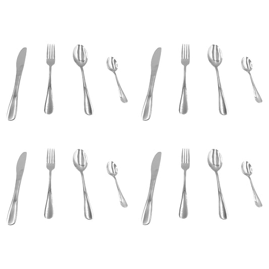16 teiliges Besteckset mit Messern, Gabeln, Esslöffeln und Teelöffeln, jeweils in vier identischen Gruppen angeordnet.