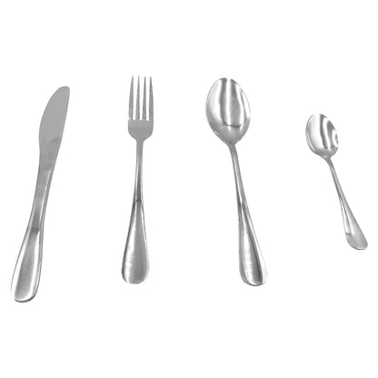 Vierteilige Besteckgarnitur mit Messer, Gabel, Esslöffel und Teelöffel nebeneinander auf weißem Hintergrund angeordnet.