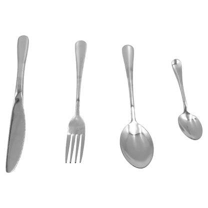 Vierteilige Besteckgarnitur mit Messer, Gabel, Esslöffel und Teelöffel in gerader Anordnung auf weißem Hintergrund.
